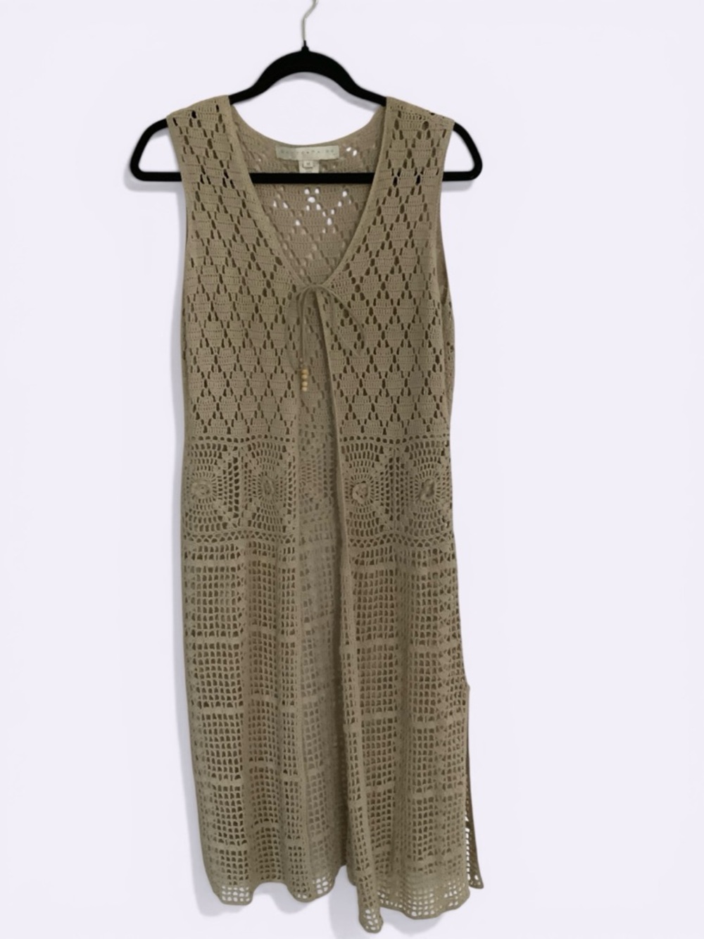 Vtg Bette Paige  MED Beige Long Crochet DUSTER Vest Beaded Tie Boho Hippie